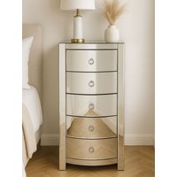 Orsina Bevelled Curved Tall Boy Drawers, Mirrored Glass Finish, Ample Storage 5 Drawer Tall Chest, Delivered Fully Assembled in Silver