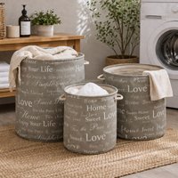 Orsina English Words Set Of Three Canvas Round Laundry Hampers in Grey