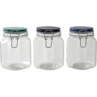 Orsina Glass Storage Jar - 1050ml (Set of 3 Assorted Colours), Clear Glass Canisters with Airtight Clip-Top Lids