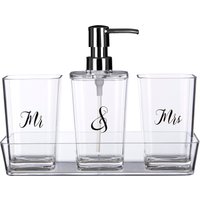 Orsina 3 Pc Bathroom Accessories Set With Matching Tray, Clear Bathroom Decor Set, Soap Dish, Tumbler, & Dispenser