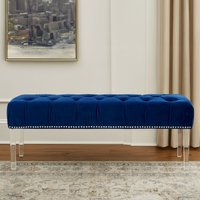 Orsina Contemporary Black Velvet Bench, Button Tufted Upholstered Bench with Clear Acrylic Legs, Hallway Seating in Blue
