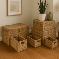 Orsina Set Of 6 Water Hyacinth Storage Baskets, Woven Storage Baskets With Loop & Side Handles, Hyacinth Basket in Natural
