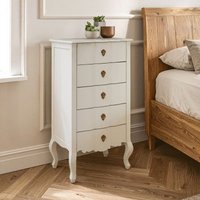 Orsina Antique Style 5 Drawer White Chest, Weathered White Bedroom Storage Cabinet, Carved Bayur Wood Chest