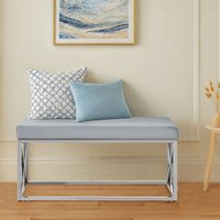 Orsina Mink Tufted Bench with Silver Stainless Steel Frame, Luxe Velvet Upholstered Accent Bench, Mink-Toned Seat in Blue