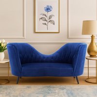 Orsina Midnight Blue Velvet Chaise Lounge, Quilted Curved Backrest Chaise with Hardwood Legs, Velvet Lounge Chair