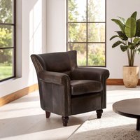 Orsina Cozy Dark Grey Scroll Armchair, Heritage Design Chair With Copper Studded Detail, Walnut Wooden Lounge Seat in Brown