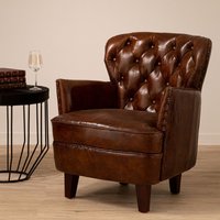 Orsina Mocha Brown Button Back Armchair, Lounge Chair With Quilted Backrest, Metallic Studded Seat With Walnut Feet
