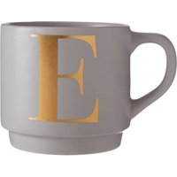 E Letter Mug Hot Beverages Porcelain Cup Gold “E" Detail Reusable Mug Curved Handle Grey