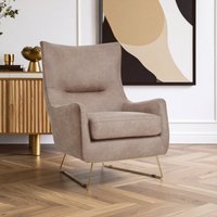Orsina Brown Faux Leather Armchair, Accent Chair With Golden Iron Legs, Faux Chair, Curved Backrest Chair For Reading