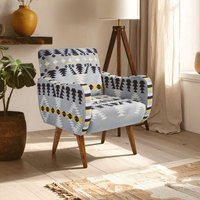 Orsina Kilim Style Armchair, Multicoloured Geometric Pattern Upholstered Chair, Mango Wood Frame & Legs