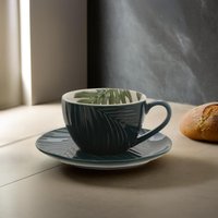 Orsina Green Cup & Saucer, Tropical Leaf Design on Porcelain Cup & Saucer, Glazed Finish Set of 2 With White Inner