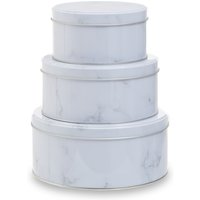 Orsina Set Of 3 White Marble Effect Storage Tins, Nesting Tins With Lids For Cakes, Snacks Or Bakes, Durable Metal