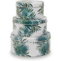 Orsina Set Of 3 Cake Storage Tins, Decorative Nesting Tins With Tropical Palm Print & Lids, Ideal For Storing in Green