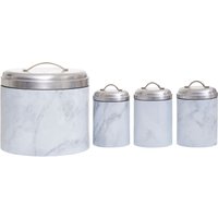 Orsina 4Pc White Marble Effect Storage Set, Kitchen Storage Set, 4 Piece Kitchen Canister Set, Metal Canisters in Silver