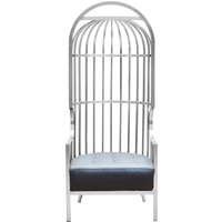 Orsina Brushed Silver Dome Cage Chair, Art‑Deco Silver Metal Frame with Dome‑Top Cage Design, Black Tufted Seat