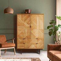 Orsina Natural Wooden Cabinet, Carved Geometric Wood-Effect Front, Rustic Wood Storage Cabinet on Black Metal Legs