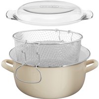 Orsina Unique Cool Grey Enamel Deep Fryer, Durable Steel Frying Pan With Basket & Lid, Multipurpose Fish Fryer Pot in Cream