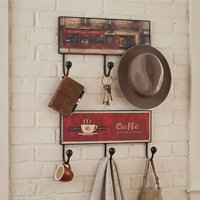 Orsina 3-Hook Hanger With Assorted Café Designs, Wall-Mounted Wooden Rack With Vintage Coffee Shop Prints