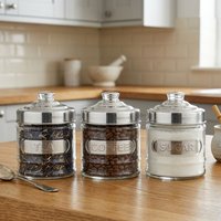 Orsina Durable Set of Three Round Glass Jars, Elegant Retro Design Glass Jar With Lid, Sleek Airtight Storage Jar in Silver