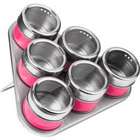 Orsina Durable Hot Pink Magnetic Spice Jars With Triangular Tray, Stylish Oblong Tray, Clear Plastic Lid Tray