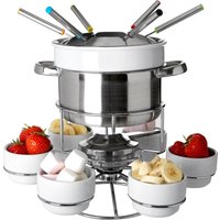 Orsina Stainless Steel Fondue Set, 6-Person Fondue Pot with Forks, Best fondue pot with Porcelain dessert cups in White