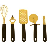 Orsina Kitchen Gadget Set, Stainless Steel Whisk, Peeler, Bottle Opener, Pizza Cutter & Grater, Cooking Utensil Set in Gold