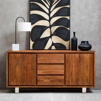 Orsina Acacia Two‑Door Sideboard, Solid Acacia Wood Cabinet with 3‑Drawer & 2‑Door Storage, Sleek Metal‑Legs in Brown