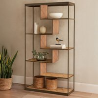 Orsina Brown Metal‑Frame Bookshelf, Dark Oak Veneer 5‑Shelf Ladder Unit, Industrial‑Style Bookcase for Living Room