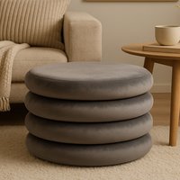 Orsina Grey Velvet Round Footstool, Round Stool with Tufted Details, Pouffee with Decorative Round Design