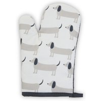 Orsina Sausage Dog Single Oven Glove, Quilted Heat-Resistant Fabric With Playful Sausage Dog Print in White
