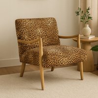 Orsina Leopard Print Velvet Chair, Upholstered Mango Wood Armchair, Bold Curved Accent Chair For Living Room in Brown