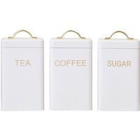 3 Piece Cream & Gold Tea Coffee Sugar Canisters Tin Kitchen Storage Jars Lids Storage Containers