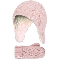 Heat Holders Girl's Cable Knitted Design Trapper Hat & Mittens Set in Pink | Size: 3-6 Years