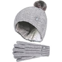 Heat Holders Girl's Cable Knit Bobble Pom Pom Thermal Hat & Gloves Set in Light Grey | Size: 7-10 Years
