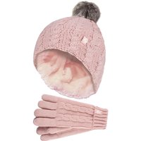 Heat Holders Girl's Cable Knit Bobble Pom Pom Thermal Hat & Gloves Set in Pink | Size: 7-10 Years