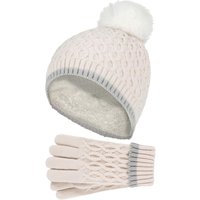 Heat Holders Girl's Thermal Insulated Pom Pom Bobble Beanie Hat & Gloves in Cream | Size: 7-10 Years