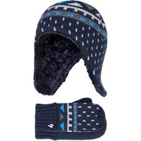 Heat Holders Boy's Outdoor Thermal Winter Hat with Ear Flaps & Mittens Gloves Set in Navy | Size: 3-6 Years