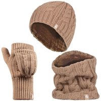 Heat Holders Women's Fleece Lined Thermal Winter Hat, Neck Warmer & Converter Gloves Set in Beige