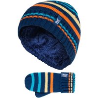Heat Holders Boy's Winter Knitted Thermal Fleece Lined Cuffed Beanie Hat & Mittens Set in Mid Blue | Size: 3-6 Years