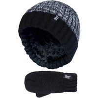 Heat Holders Boy's Winter Knitted Thermal Fleece Lined Cuffed Beanie Hat & Mittens Set in Grey | Size: 3-6 Years