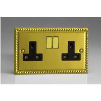 Varilight Classic Georgian Brass 2-Gang 13A Plug Socket Decorative & Black In in Yellow