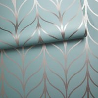Holden Decor Shimmering Striped Art Deco Trellis Metallic Motif Wallpaper in Teal