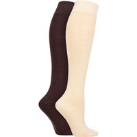 SOCKSHOP Women's 2 Pair Plain & Patterned Bamboo Knee High Socks with Smooth Toe Seams in Brown | Size: 4-8