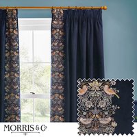 Morris & Co Strawberry Thief Embroidered Velvet Room Darkening Pencil Pleat Curtain Pair in Indigo | Size: 168 cm width x 229 cm drop