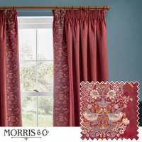 Morris & Co Strawberry Thief Embroidered Velvet Room Darkening Pencil Pleat Curtain Pair in Red | Size: 168 cm width x 229 cm drop