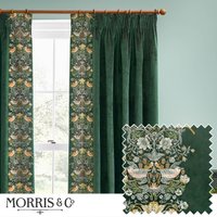 Morris & Co Strawberry Thief Embroidered Velvet Room Darkening Pencil Pleat Curtain Pair in Green | Size: 229 cm width x 229 cm drop