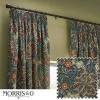 Morris & Co Seaweed Printed Velvet Room Darkening Pencil Pleat Curtains in Indigo | Size: 228 cm width x 183 cm drop