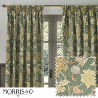 Morris & Co Cray Floral Velvet Room Darkening Pencil Pleat Curtains in Green | Size: 229 cm width x 229 cm drop