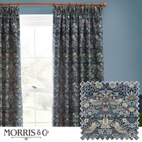Morris & Co Strawberry Thief Jacquard Floral Room Darkening Pencil Pleat Curtain Pair in Indigo | Size: 229 cm width x 183 cm drop