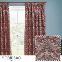 Morris & Co Strawberry Thief Jacquard Floral Room Darkening Pencil Pleat Curtain Pair in Red | Size: 229 cm width x 229 cm drop